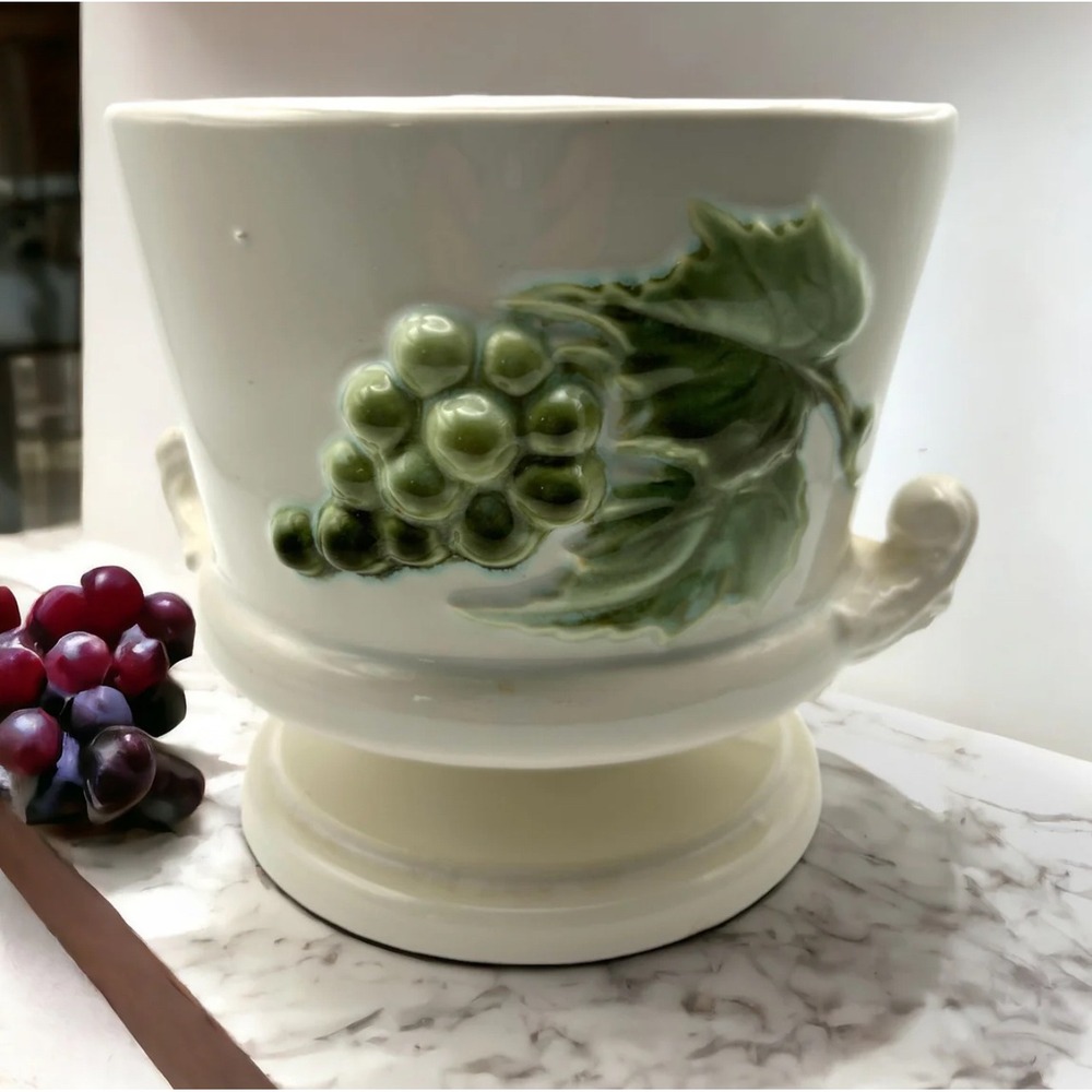 Vintage Hull Ceramic Planter Pedestal Base White Green‎ Grape Vine Cottagecore